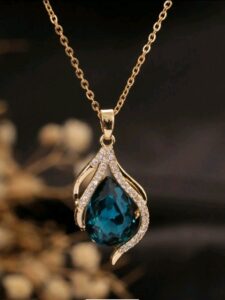 Modern Fashion Styles stainless steel drop pendant necklace, 18k gold color with blue artificial zirconia flame design