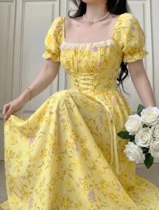 yellow floral midi dress cottagecore spring fashion & garden party outfit 🌿🌼💛
